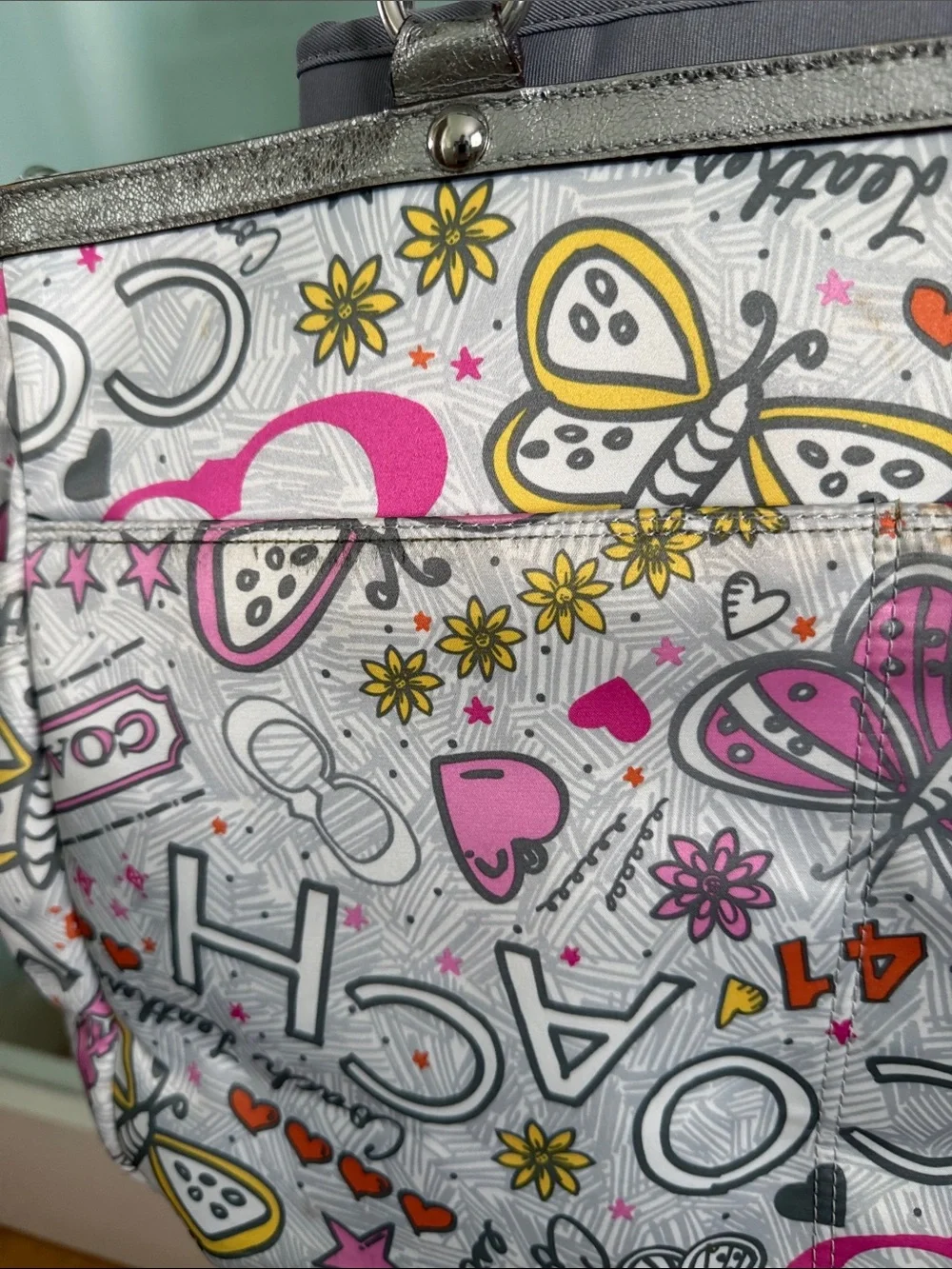 Coach Silver and Pink Graphic Butterfly Diaper Bag Y2K Vintage